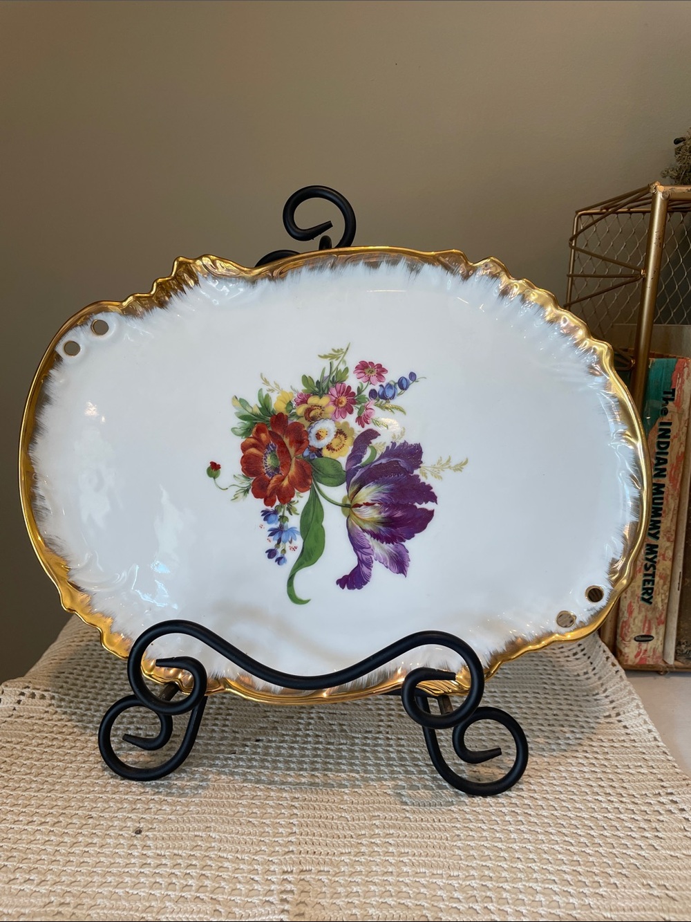 White Porcelain Floral Serving Platter with Gold Trim